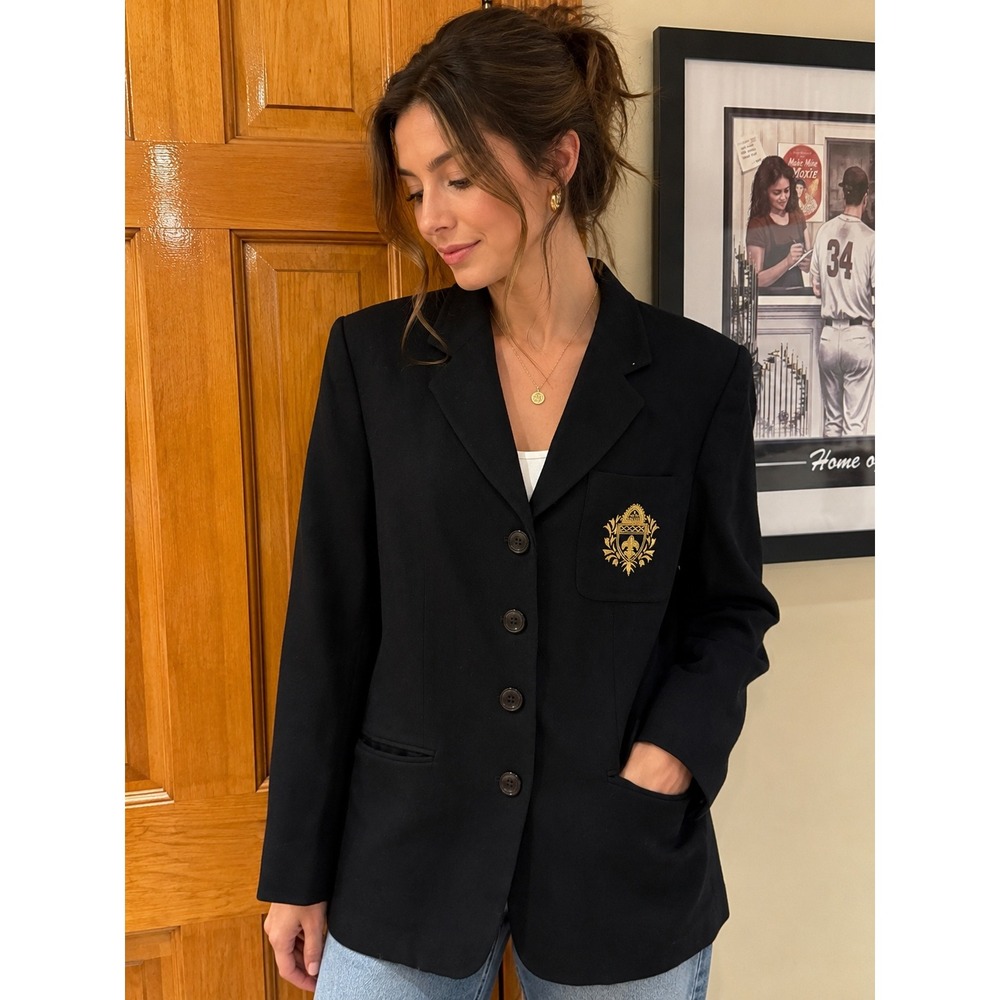 Vintage Rena Rowan Saville Wool‎ Blazer Womens 4 Black Gold Crest Dark Jacket